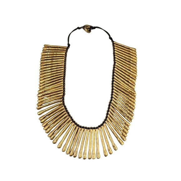 Sun Ray Bib Necklace Gold Tone with Black Cord Button Closure - Picture 6 of 8